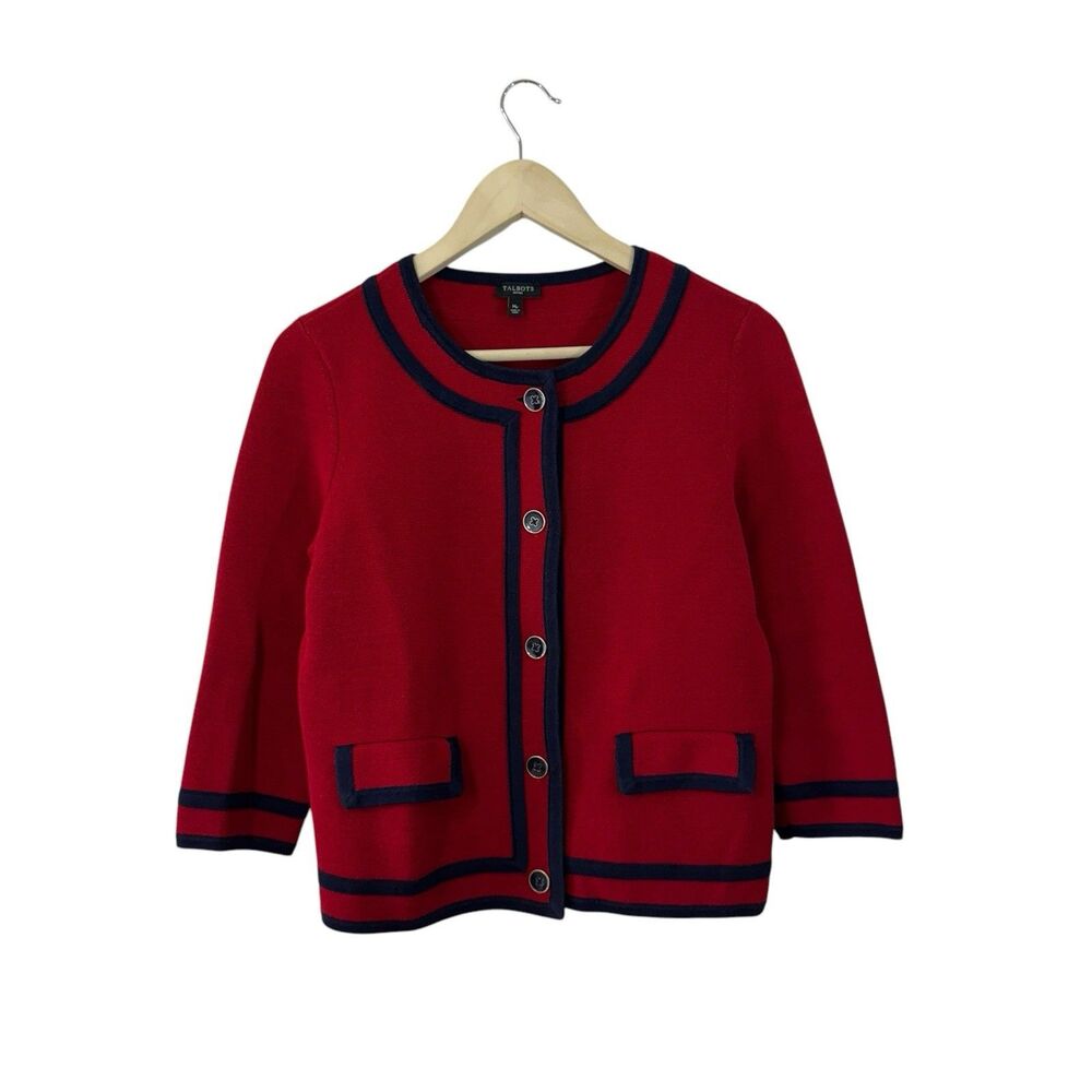 Talbots Petites Medium MP Sweater Cardigan Red Navy Blue Cotton Classic Womens